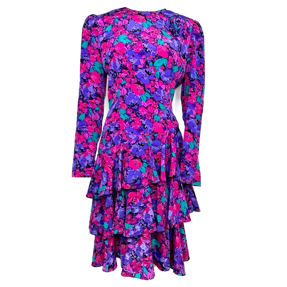 Vintage 80's Jody California Floral Rosette 3 Tier Ruffle Long Sleeve Midi Dress